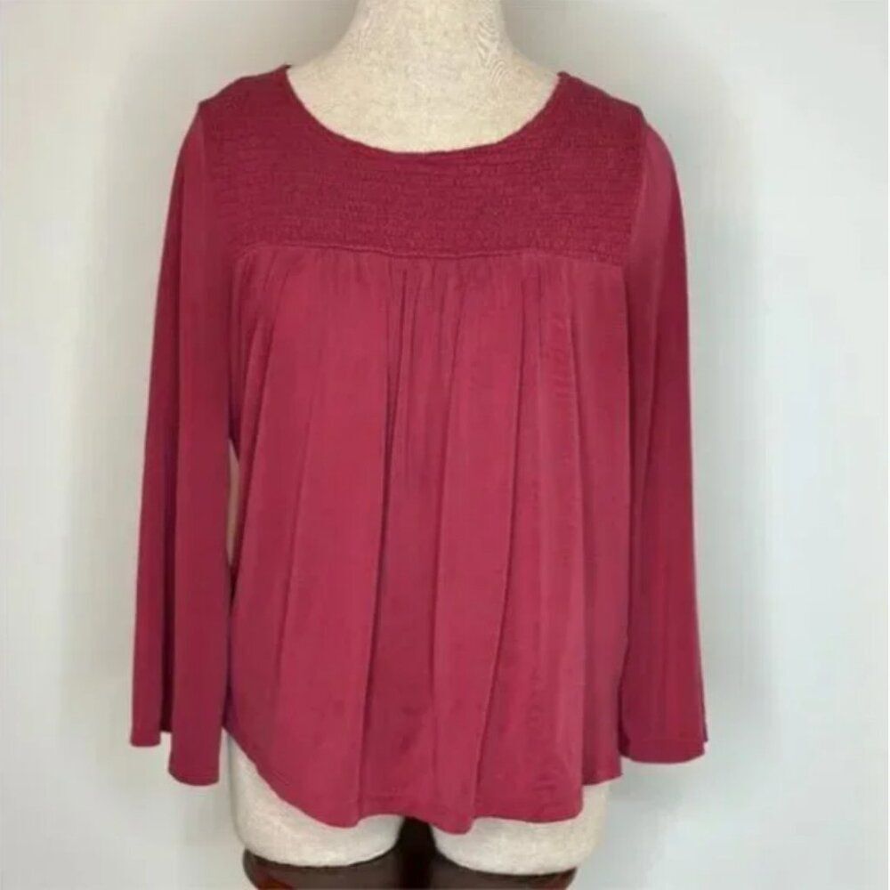Lucky Brand Boho Smocked Long Sleeve Top Maroon Burgundy Wine Size Medium